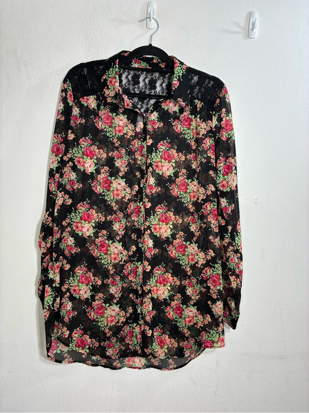 No Boundaries Black Floral Sheer Button-Up Blouse